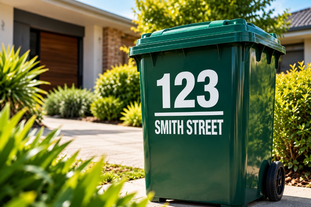 Green wheelie bin labelled 123 Smith Street